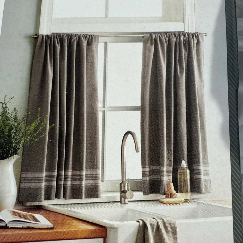 Threshold Cafe Curtain Set Light Filtering Rod Pocket‎ Gray Stripe 42x36